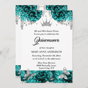 Teal silver tiara butterfly blue rose quinceanera invitation