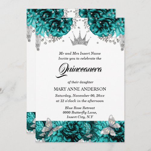 Teal silver tiara butterfly blue rose quinceanera invitation