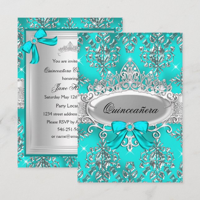 Teal Silver Tiara Damask Quinceanera Invite (Front/Back)