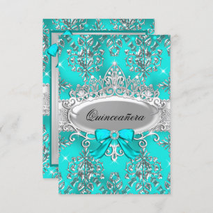 Teal Silver Tiara Damask Quinceanera Invite