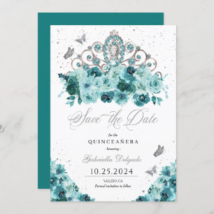 Teal & Silver Tiara Save The Date Quinceañera Invitation