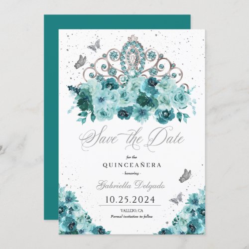 Teal  Silver Tiara Save The Date Quinceaera Invitation