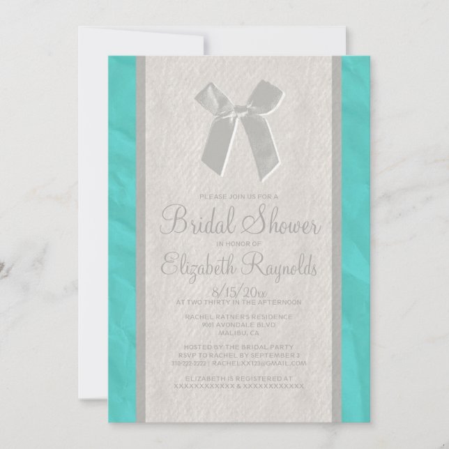 Teal Silver Vintage Bow Linen Bridal Shower Invite (Front)