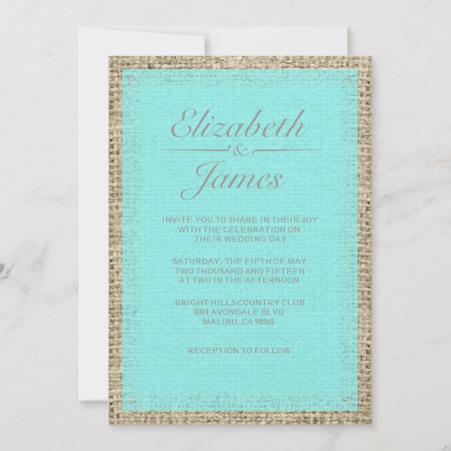 Teal & Silver Vintage Burlap Wedding Invitations (Front)