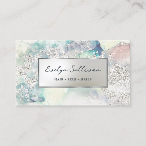 Teal silver watercolor faux foil business card
