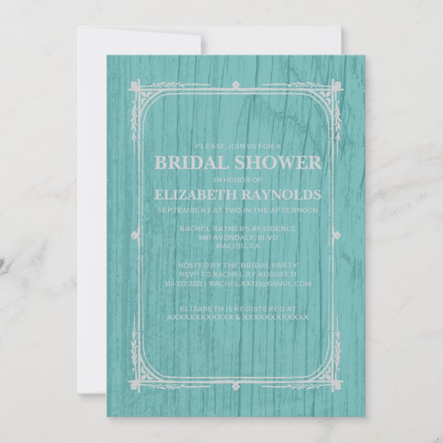 Teal Silver Western Barn Wood Bridal Shower Invite (Front)