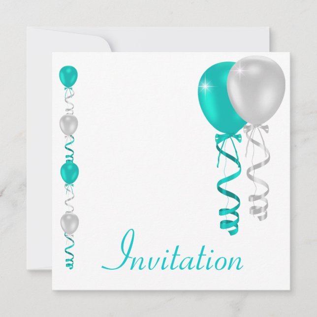 Teal Silver White Balloons Special Event Invitation (Front)