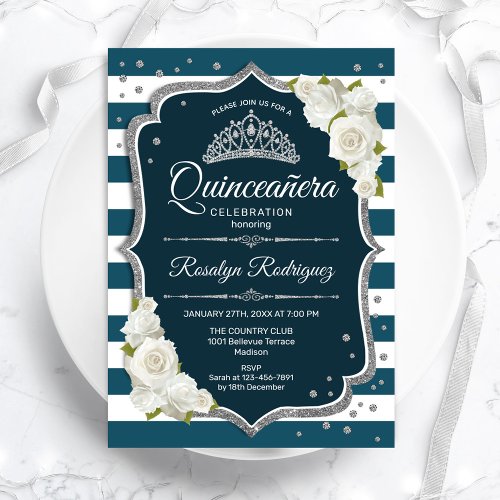 Teal Silver White Elegant Quinceanera  Invitation