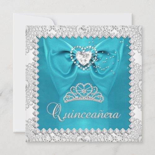 Teal Silver White Quinceanera 15th Birthday Party Invitation