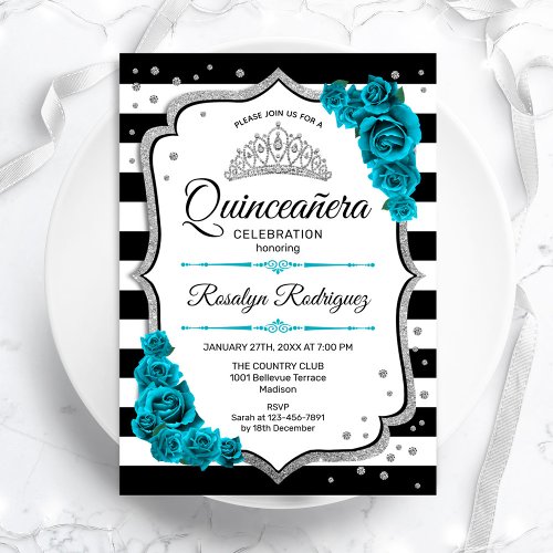 Teal Silver White Quinceanera Invitation