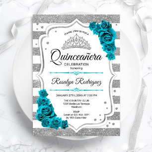 Teal Silver White Stripes Elegant Quinceanera Invitation