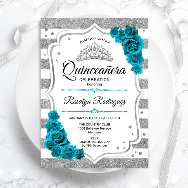 Teal Silver White Stripes Elegant Quinceanera Invitation (Creator Uploaded)