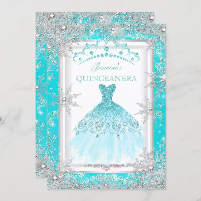 Teal Silver Winter Wonderland Quinceanera Party Invitation (Front/Back)