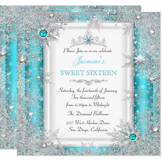 teal silver winter wonderland sweet 16 snowflake invitation zazzle com