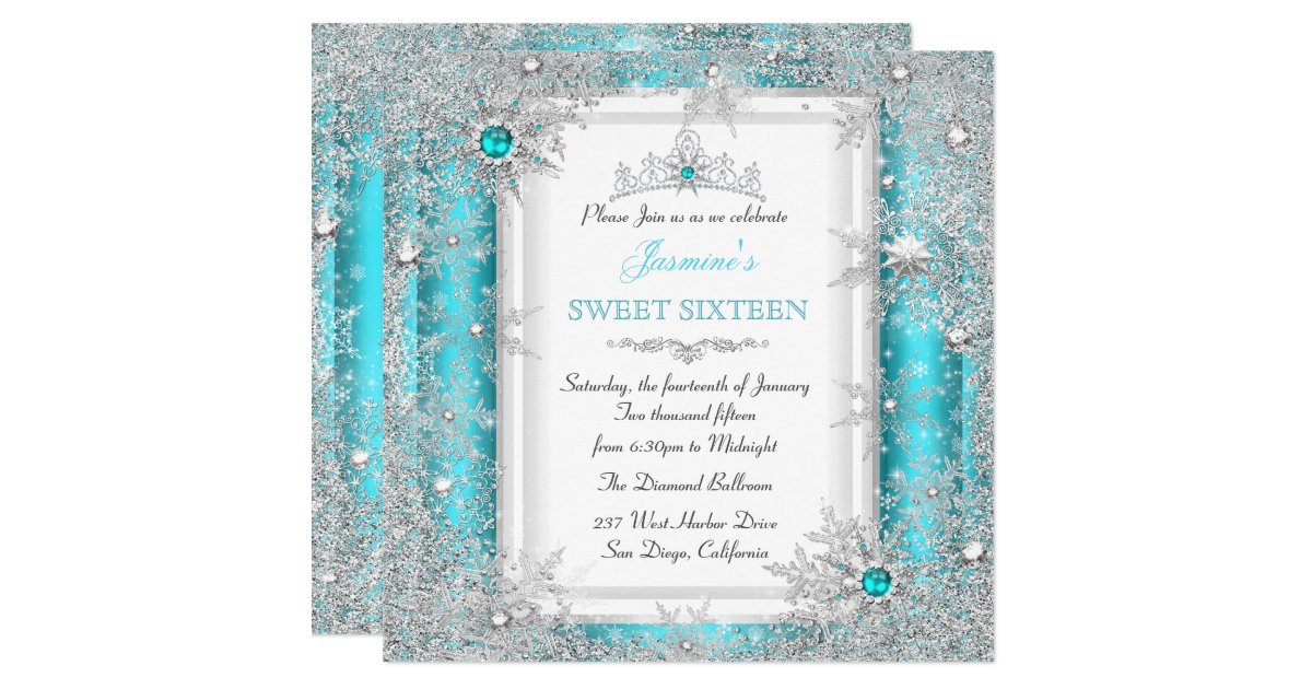 Teal Silver Winter Wonderland Sweet 16 Snowflake Invitation