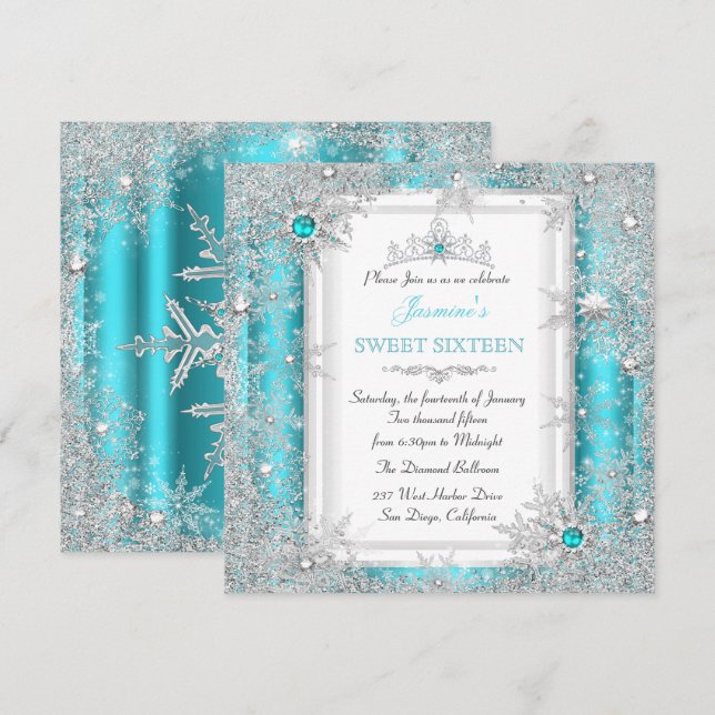 Teal Silver Winter Wonderland Sweet 16 Snowflake Invitation (Front/Back)