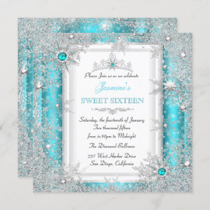 Teal Silver Winter Wonderland Sweet 16 Snowflake Invitation