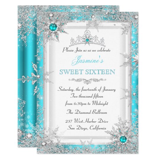 teal silver winter wonderland sweet 16 snowflake invitation zazzle com