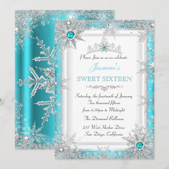 Teal Silver Winter Wonderland Sweet 16 Snowflake Invitation (Front/Back)