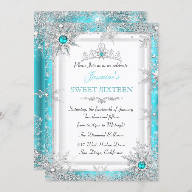 Teal Silver Winter Wonderland Sweet 16 Snowflake Invitation (Front/Back)