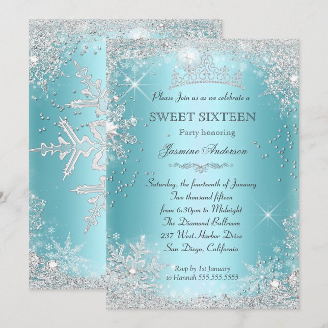 Teal Silver Winter Wonderland Sweet 16 Tiara Invitation (Front/Back)