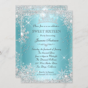 Teal Silver Winter Wonderland Sweet 16 Tiara Invitation