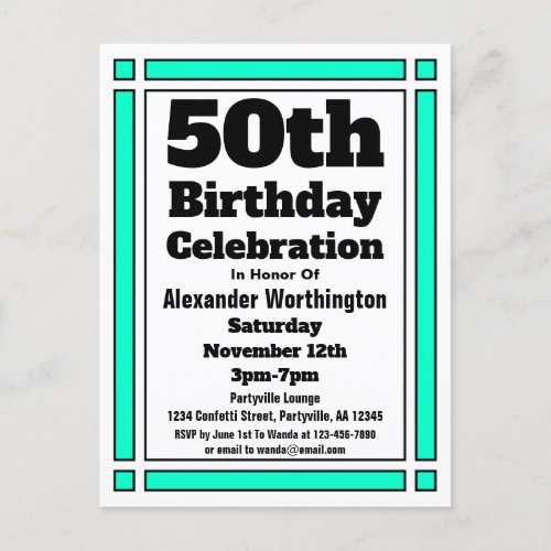 Teal Simple 50th Birthday Invitation Postcard