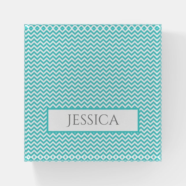 Teal Simple Chevron Personalized Paperweight (Front)