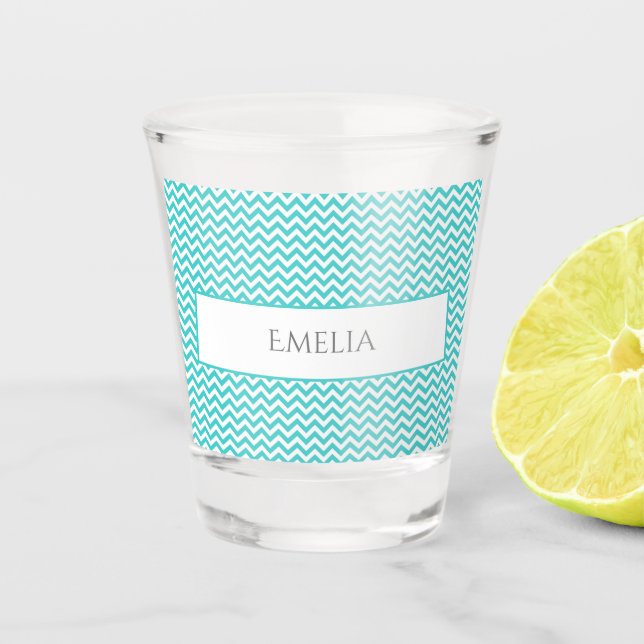 Teal Simple Chevron Personalized Shot Glass (Front)