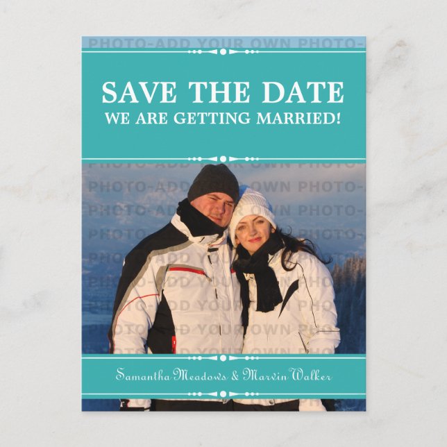 Teal Simple Chic Photo Save the Date Postcard (Front)