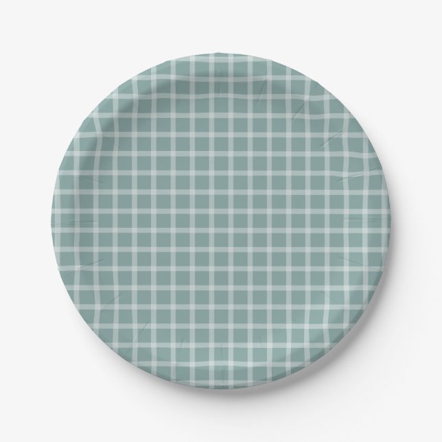 Teal Simple Gingham Gender Neutral Baby Shower Paper Plates (Front)