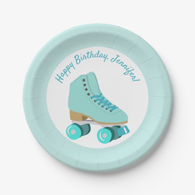 Teal Skate Graphic Roller Skating Themed Party Paper Plates (Front)