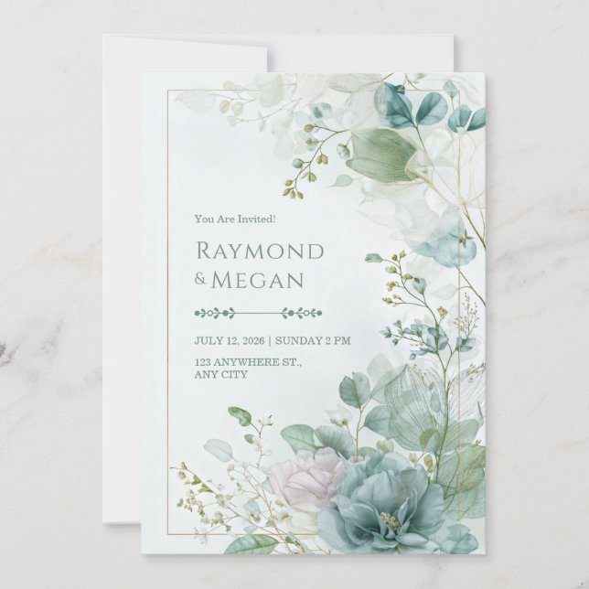 Teal Skeletal Leaf Botanical Gold Frame Wedding Invitation (Front)