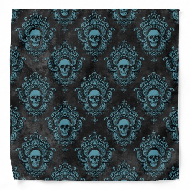 Teal Skull and Dark Grey Gothic Bandana (Front)