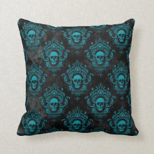 Teal Skull and Dark Grey Gothic Throw Pillow