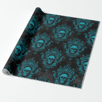 Teal Skull and Dark Grey Gothic Wrapping Paper