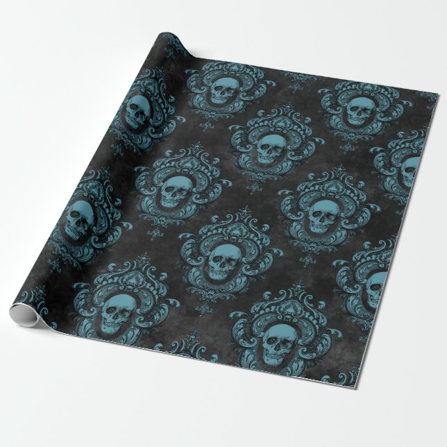 Teal Skull and Dark Grey Gothic Wrapping Paper (Unrolled)