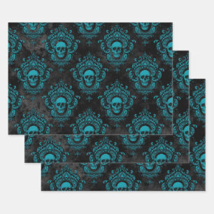 Teal Skull and Dark Grey Gothic Wrapping Paper Sheets
