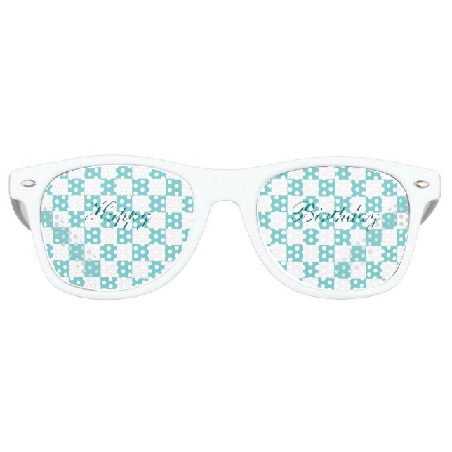 Teal Sky Checkerboard Happy Birthday Retro Sunglasses (Front)