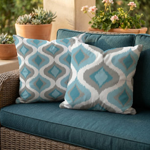 Teal Slate Blue Gray Retro Ikat Drops Pattern Outdoor Pillow