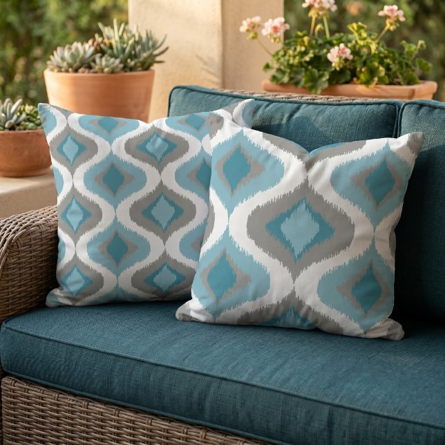 Teal Slate Blue Gray Retro Ikat Drops Pattern Outdoor Pillow (Creator Uploaded)