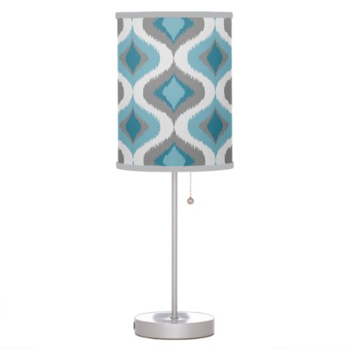 Teal Slate Blue Gray Retro Ikat Drops Pattern Table Lamp