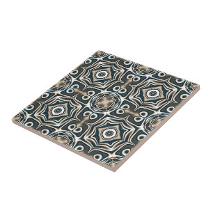 Teal Slate Blue Gray Taupe Brown Ethnic Tribe Art Ceramic Tile