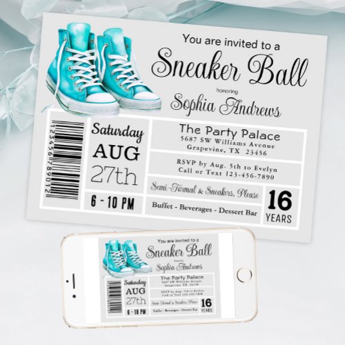 Teal Sneaker Ball Birthday Party Shoe Label Invitation