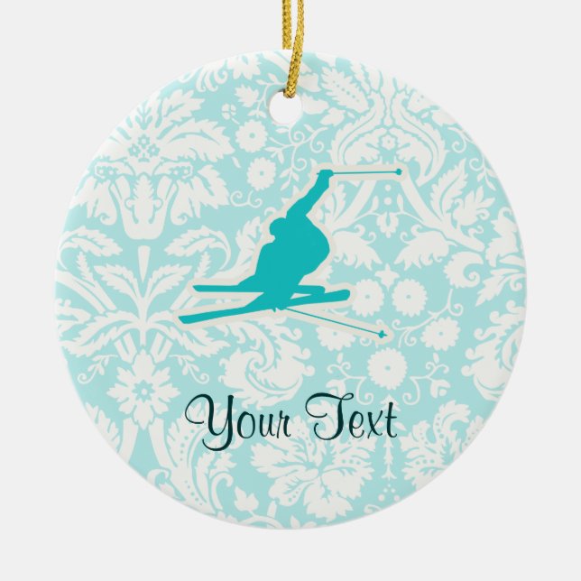 Teal Snow Skiing Ceramic Ornament (Front)