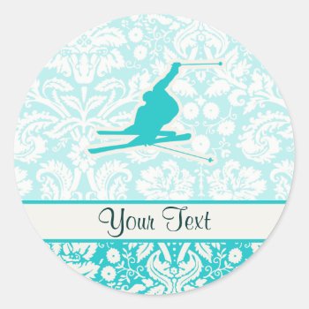 Teal Snow Skiing Classic Round Sticker by SportsWare at Zazzle
