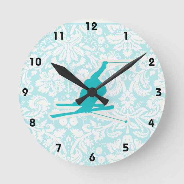 Teal Snow Skiing Round Clock (Front)
