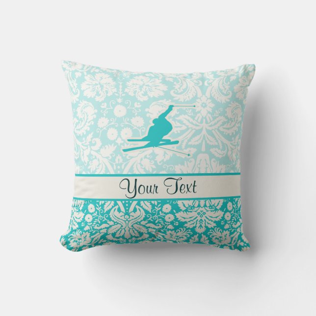 Teal Snow Skiing Throw Pillow (Front)