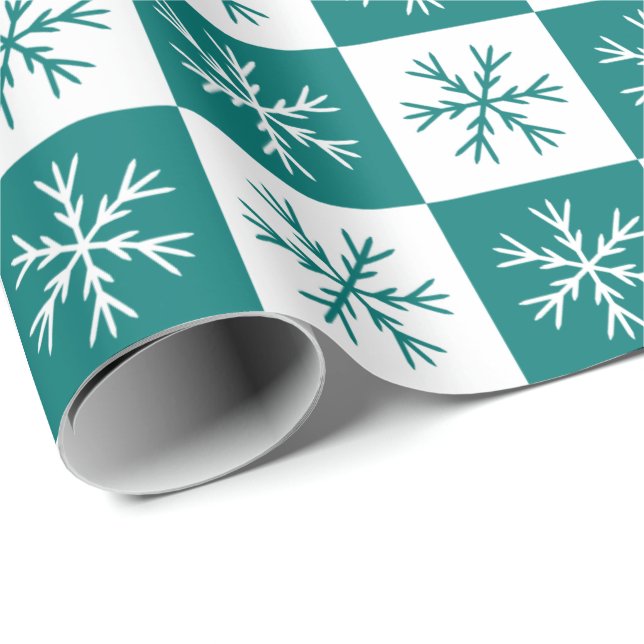 Teal Snowflake Checkered Pattern Christmas Holiday Wrapping Paper (Roll Corner)