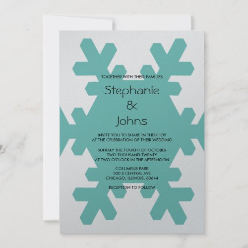 Teal Snowflake Elegant Grey Silver Winter Wedding Invitation